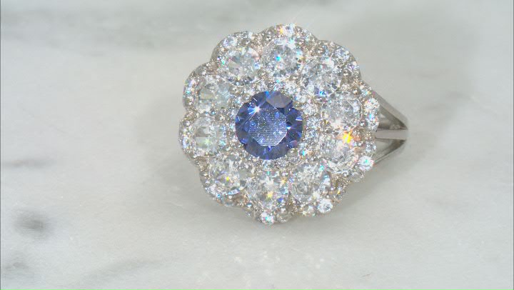 Blue And White Cubic Zirconia Platinum Over Sterling Silver Ring 6.40ctw Video Thumbnail
