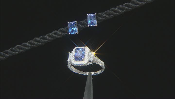 Blue And White Cubic Zirconia Rhodium Over Sterling Silver Jewelry Set 6.76ctw Video Thumbnail