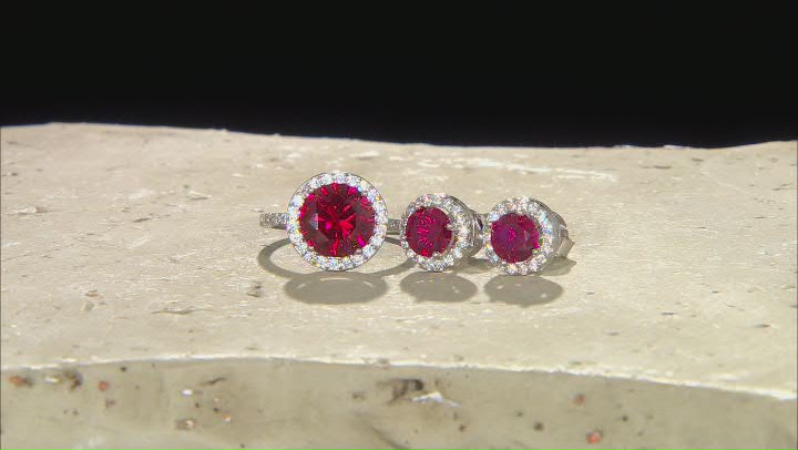 Lab Created Ruby And White Cubic Zirconia Rhodium Over Sterling Silver Jewelry Set 7.57ctw Video Thumbnail