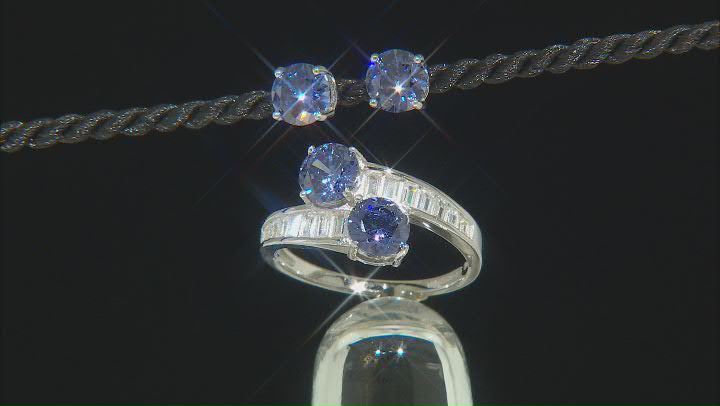 Blue And White Cubic Zirconia Platinum Over Sterling Silver Jewelry Set 6.20ctw Video Thumbnail
