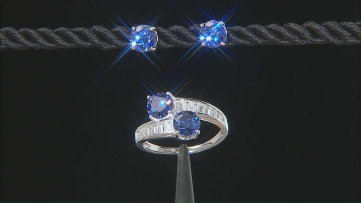 Blue And White Cubic Zirconia Platinum Over Sterling Silver Jewelry Set 6.20ctw Video Thumbnail