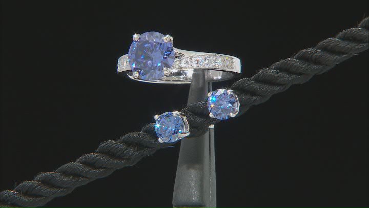 Blue And White Cubic Zirconia Rhodium Over Sterling Silver Jewelry Set 4.72ctw Video Thumbnail