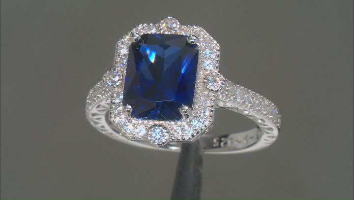 Lab Created Blue Sapphire And White Cubic Zirconia Platinum Over Sterling Silver Ring 4.21ctw Video Thumbnail