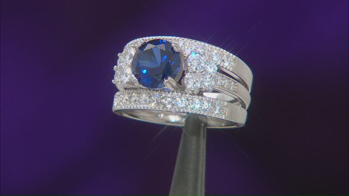 Lab Created Blue Sapphire And White Cubic Zirconia Rhodium Over Sterling Silver 3 Ring Set 5.01ctw Video Thumbnail