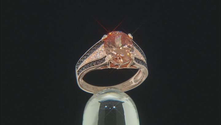 Champagne, Mocha, And White Cubic Zirconia Black Rhodium And 18k Rose Gold Over Sterling Silver Ring Video Thumbnail