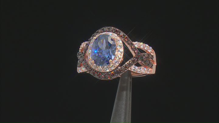 Blue, Mocha, and White Cubic Zirconia 18k Rose Gold Over Sterling Silver Ring 4.46ctw Video Thumbnail