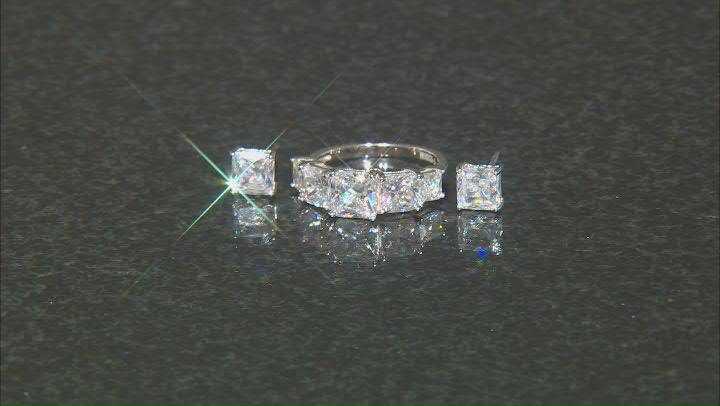 White Cubic Zirconia Platinum Over Sterling Silver Ring And Earrings Set 7.65ctw Video Thumbnail