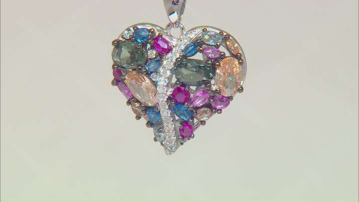 Multi-Gemstone Simulants Rhodium Over Sterling Silver Heart Pendant With Chain 4.10crw Video Thumbnail