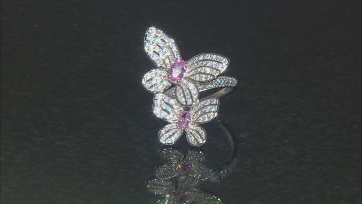 Pink And White Cubic Zirconia Rhodium Over Sterling Silver Butterfly Ring 2.71ctw Video Thumbnail