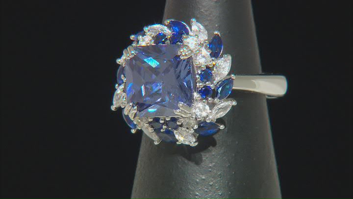 Blue And White Cubic Zirconia with Lab Created Blue Spinel Rhodium Over Silver Ring 10.18ctw Video Thumbnail