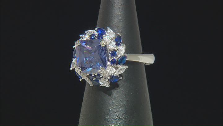 Blue And White Cubic Zirconia with Lab Created Blue Spinel Rhodium Over Silver Ring 10.18ctw Video Thumbnail