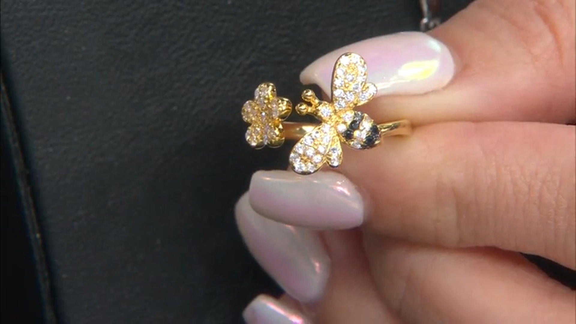 White and Black Cubic Zirconia 18k Yellow Gold Over Silver Bee Ring 0.65ctw Video Thumbnail