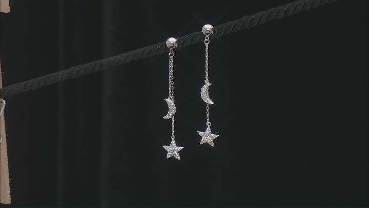 White Cubic Zirconia Rhodium Over Sterling Silver Moon And Star Earrings 0.92ctw Video Thumbnail
