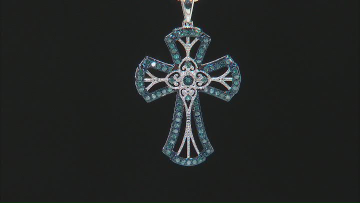 Blue Diamond Rhodium Over Sterling Silver Cross Pendant With Chain 0.85ctw