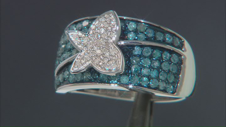 Blue And White Diamond Rhodium Over Sterling Silver Butterfly Ring 1.00ctw Video Thumbnail