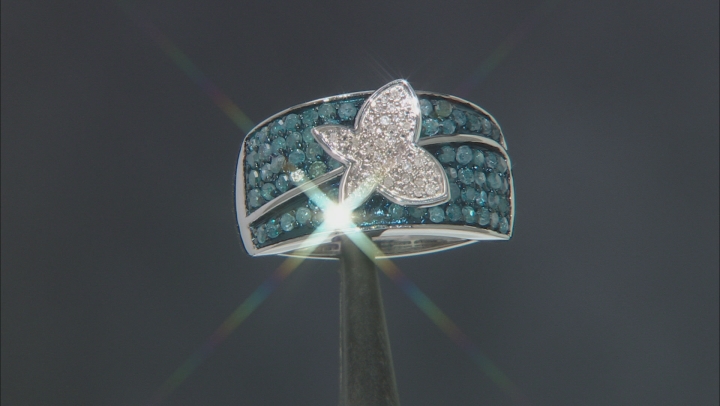 Blue And White Diamond Rhodium Over Sterling Silver Butterfly Ring 1.00ctw Video Thumbnail