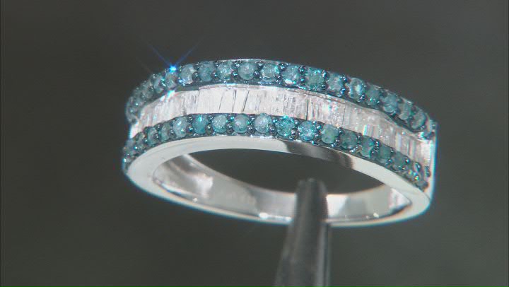 Blue And White Diamond Rhodium Over Sterling Silver Multi-Row Ring 1.00ctw Video Thumbnail