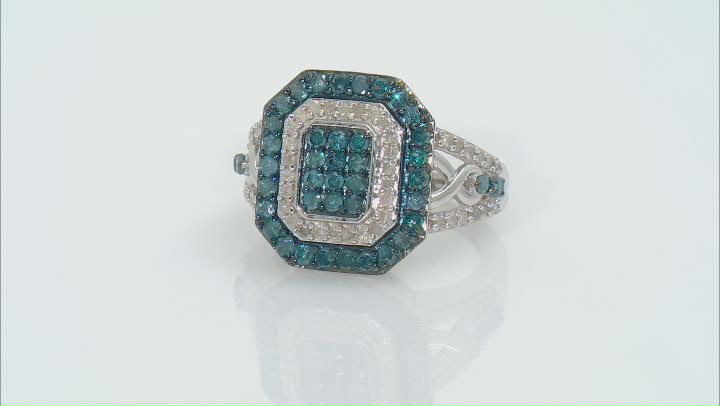 Blue And White Diamond Rhodium Over Sterling Silver Cluster Ring 1.65ctw Video Thumbnail