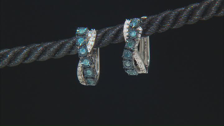 Blue And White Diamond Rhodium Over Sterling Silver J-Hoop Earrings 0.40ctw Video Thumbnail