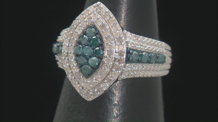 Blue And White Diamond Rhodium Over Sterling Silver Cluster Halo Ring 1.10ctw Video Thumbnail