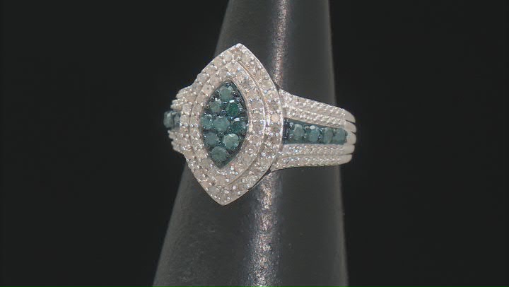 Blue And White Diamond Rhodium Over Sterling Silver Cluster Halo Ring 1.10ctw Video Thumbnail