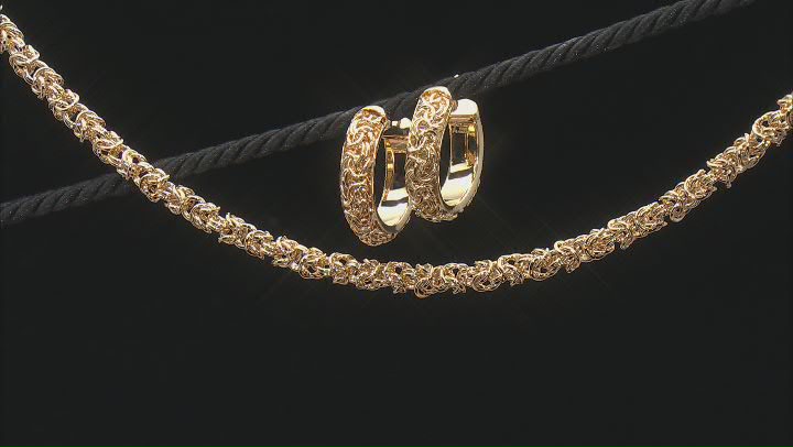 18k Yellow Gold Over Bronze Byzantine Necklace And Hoop Earring Set Video Thumbnail
