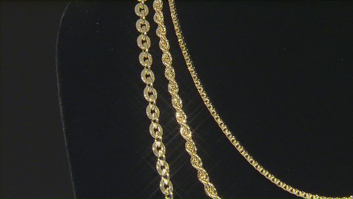 18k Yellow Gold Over Bronze Box, Rope, Cable Link Chain Set Of 3 18, 20, 24 inch Video Thumbnail