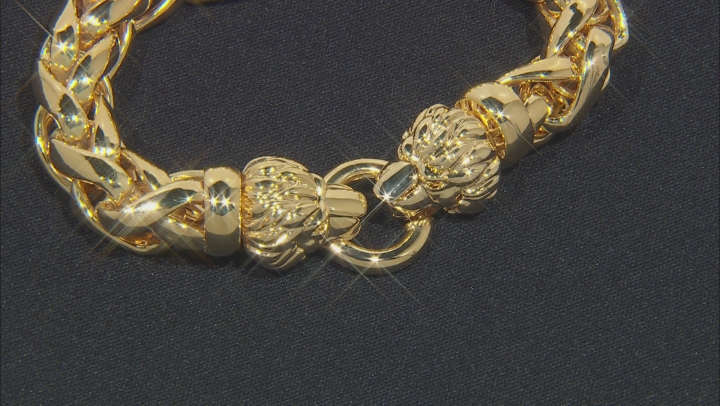18k Yellow Gold Over Bronze Wheat Link Lion Head Bracelet 9 inch Video Thumbnail