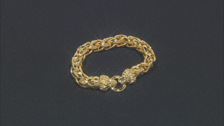 18k Yellow Gold Over Bronze Wheat Link Lion Head Bracelet 9 inch Video Thumbnail