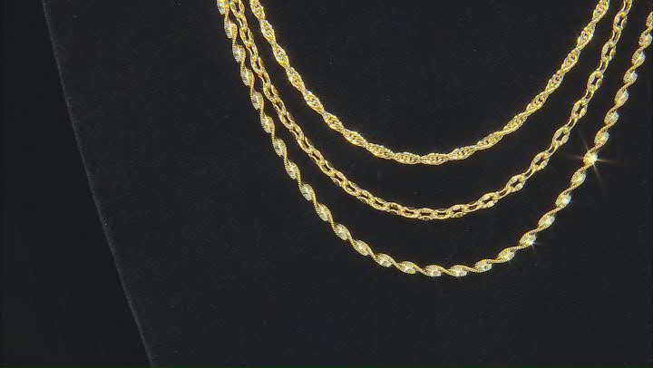18k Yellow Gold Over Bronze Herringbone Cable Rope Link Chain Set Of 3 Video Thumbnail