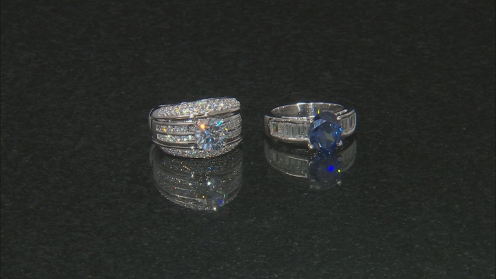 Blue and White Cubic Zirconia Rhodium Over Sterling Silver Rings With Guard 11.54ctw Video Thumbnail