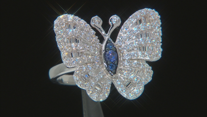Blue and White Cubic Zirconia Rhodium Over Sterling Silver Butterfly Ring 2.19ctw