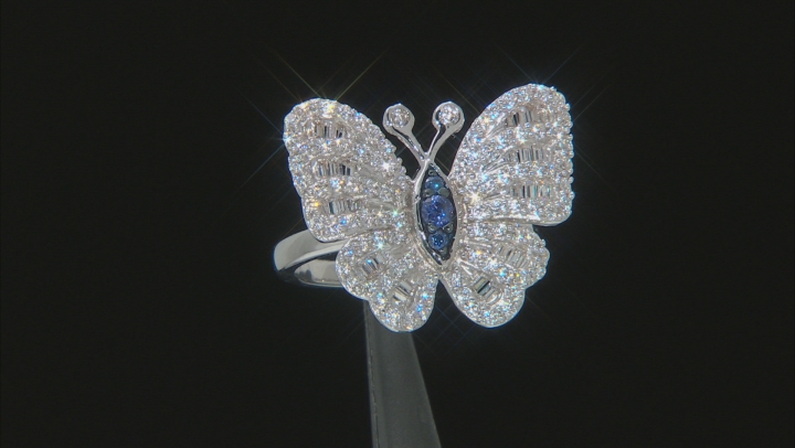 Blue and White Cubic Zirconia Rhodium Over Sterling Silver Butterfly Ring 2.19ctw