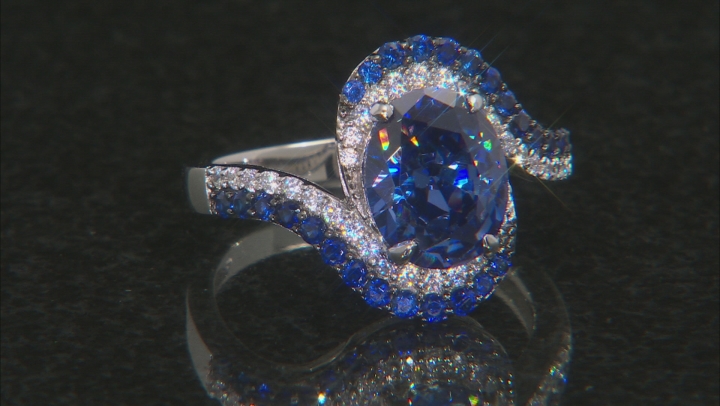 Blue Lab Created Sapphire, Blue And White Cubic Zirconia Rhodium Over Sterling Silver Ring 5.16ctw Video Thumbnail