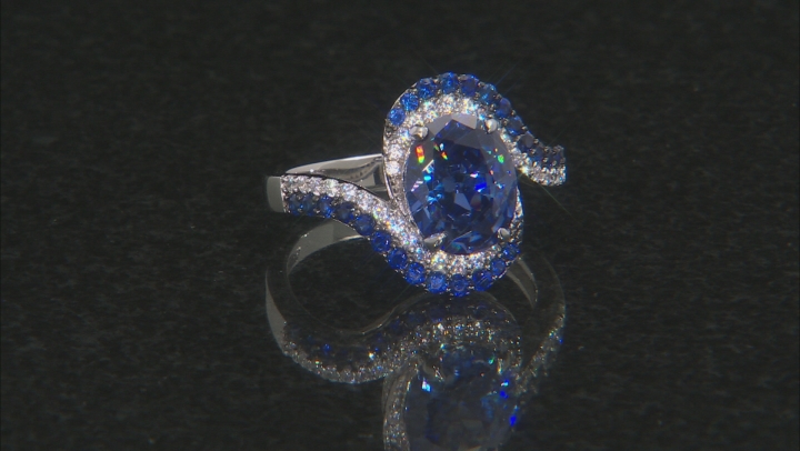 Blue Lab Created Sapphire, Blue And White Cubic Zirconia Rhodium Over Sterling Silver Ring 5.16ctw Video Thumbnail