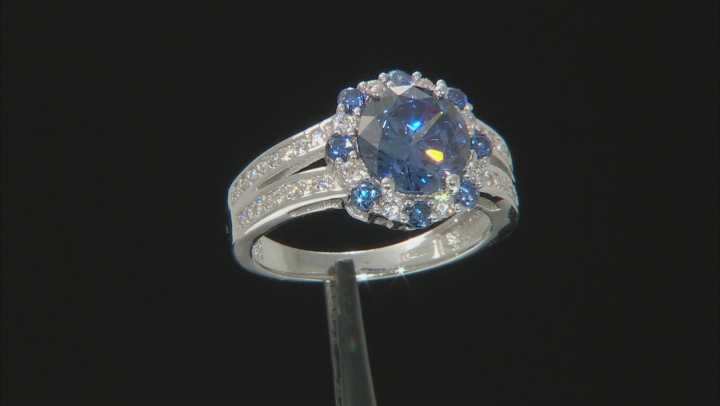 Blue And White Cubic Zirconia Rhodium Over Sterling Silver Ring 3.96ctw