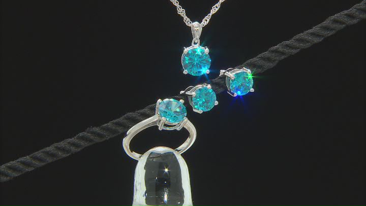 Blue Cubic Zirconia Rhodium Over Sterling Silver Jewelry Set 10.35ctw Video Thumbnail
