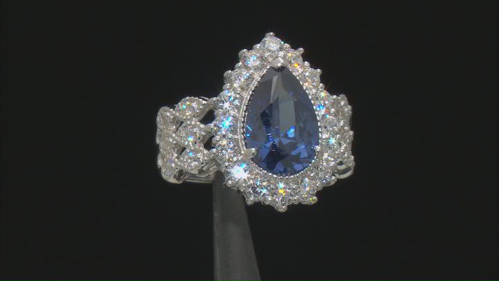 Blue and White Cubic Zirconia Rhodium Over Sterling Silver Ring 8.08ctw