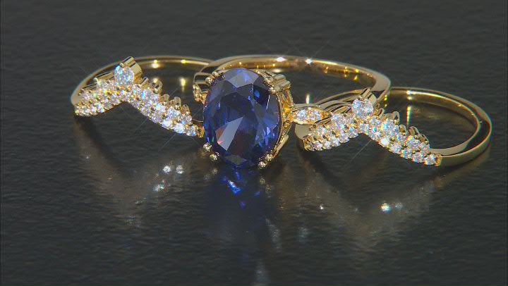 Blue And White Cubic Zirconia 18k Yellow Gold Over Sterling Silver Ring With Bands 6.51ctw Video Thumbnail