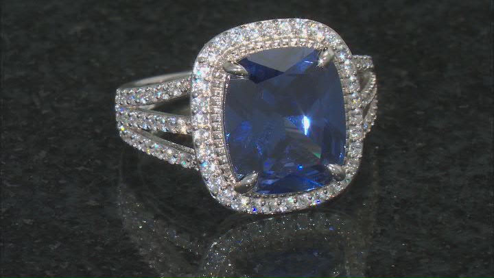 Blue And White Cubic Zirconia Rhodium Over Sterling Silver Ring 10.67ctw