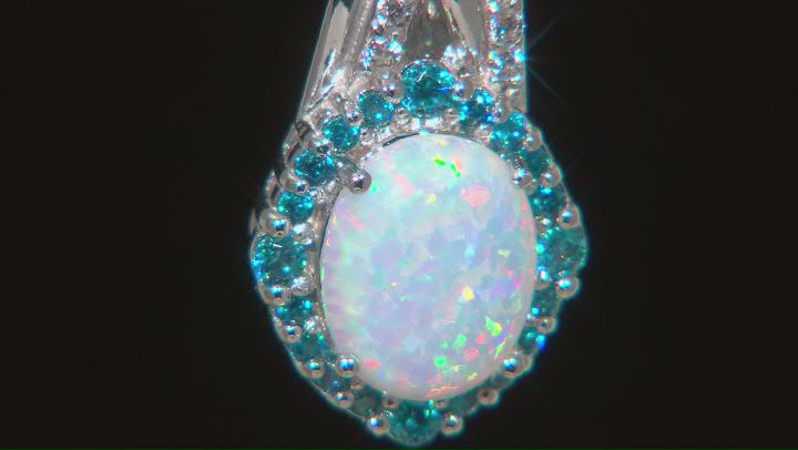 Lab Created Opal And Blue And White Cubic Zirconia Rhodium Over Silver Pendant With Chain 1.68ctw Video Thumbnail