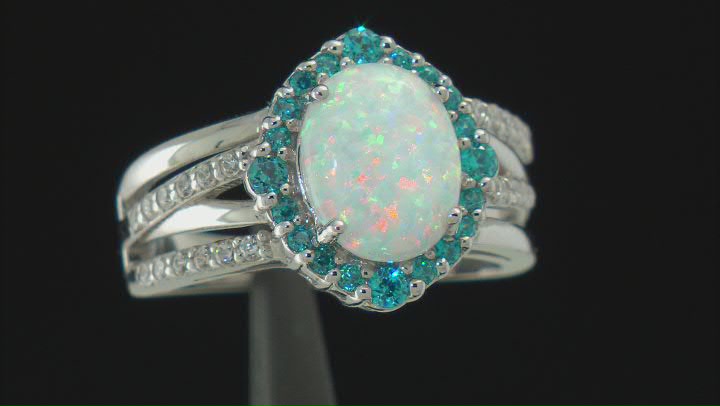 Lab Created Opal And Blue And White Cubic Zirconia Rhodium Over Sterling Silver Ring 2.03ctw Video Thumbnail