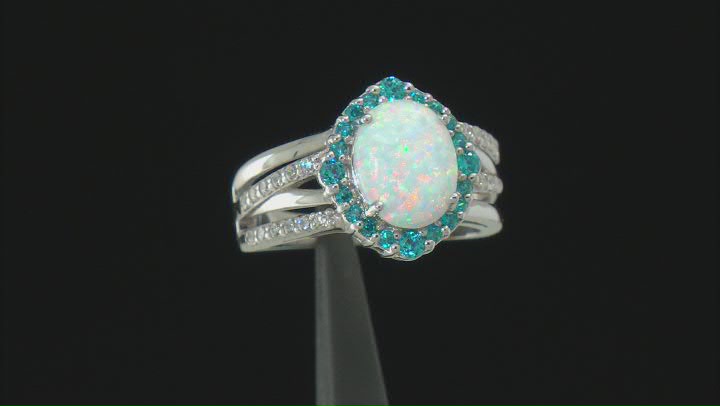 Lab Created Opal And Blue And White Cubic Zirconia Rhodium Over Sterling Silver Ring 2.03ctw Video Thumbnail