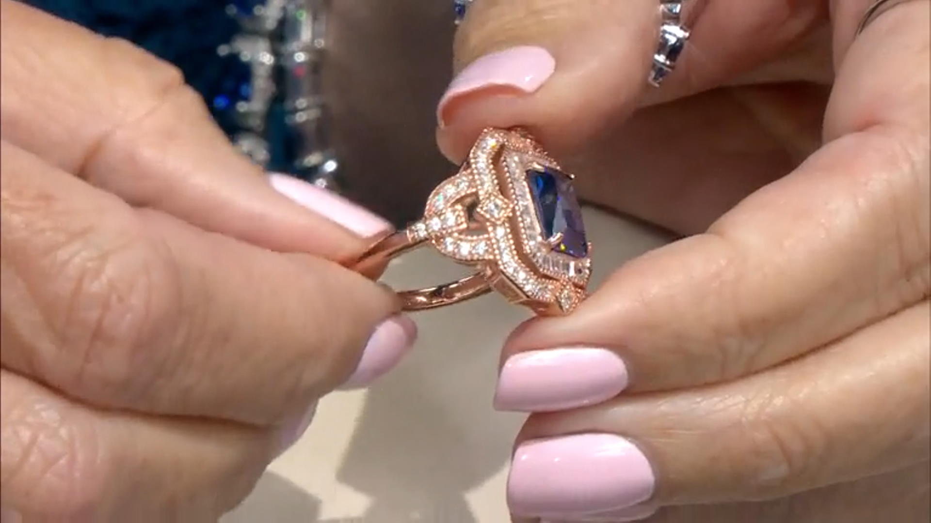 Blue and White Cubic Zirconia 18K Rose Gold Over Sterling Silver Ring Video Thumbnail