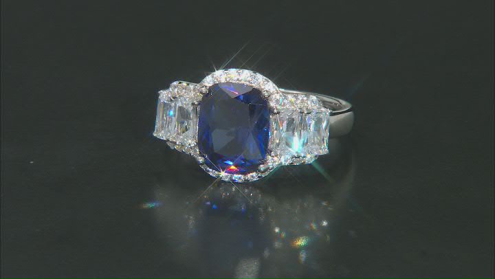 Blue And White Cubic Zirconia Platinum Over Sterling Silver Ring 6.98ctw