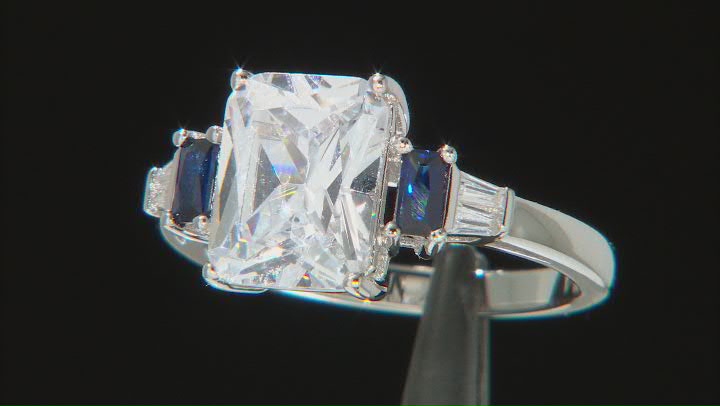 White Cubic Zirconia and Blue Lab Created Sapphire Rhodium Over Silver Ring. 4.99ctw Video Thumbnail