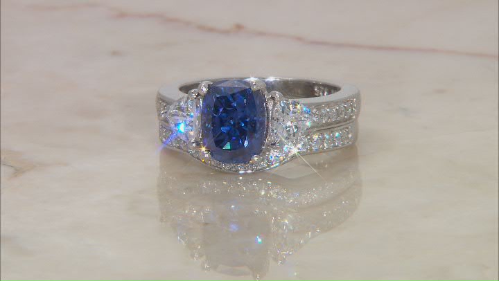 Blue And White Cubic Zirconia Platinum Over Sterling Silver 2 Ring Set 4.26ctw Video Thumbnail