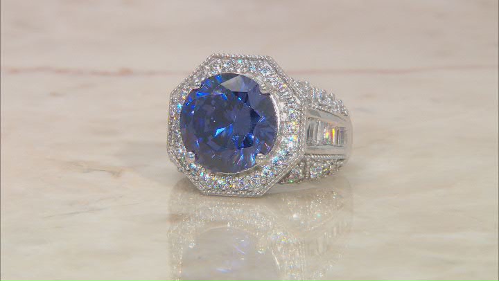 Blue And White Cubic Zirconia Platinum Over Sterling Silver Ring 12.90ctw Video Thumbnail