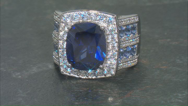 Blue And White Cubic Zirconia Rhodium Over Sterling Silver Ring 12.24ctw Video Thumbnail