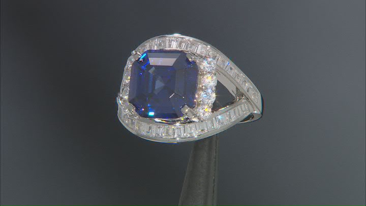 Blue And White Cubic Zirconia Rhodium Over Sterling Silver Asscher Cut Ring 10.04ctw Video Thumbnail